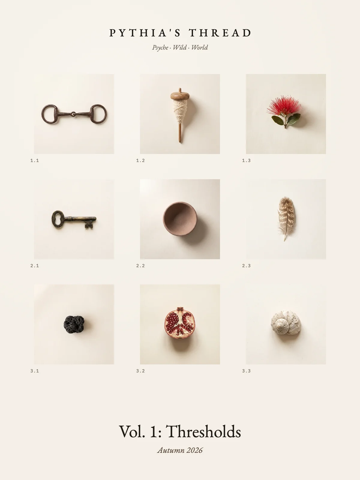 The cover of Volume 1, Thresholds: nine numbered objects on paper, among them a snaffle bit, a drop spindle, a lehua blossom and a key.
